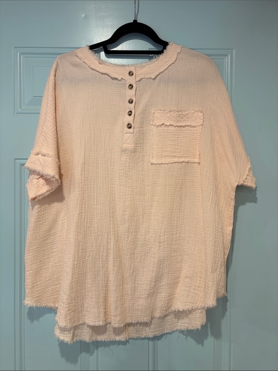 Tops - Cotton Gauze Henley Top - Light Blush Peach